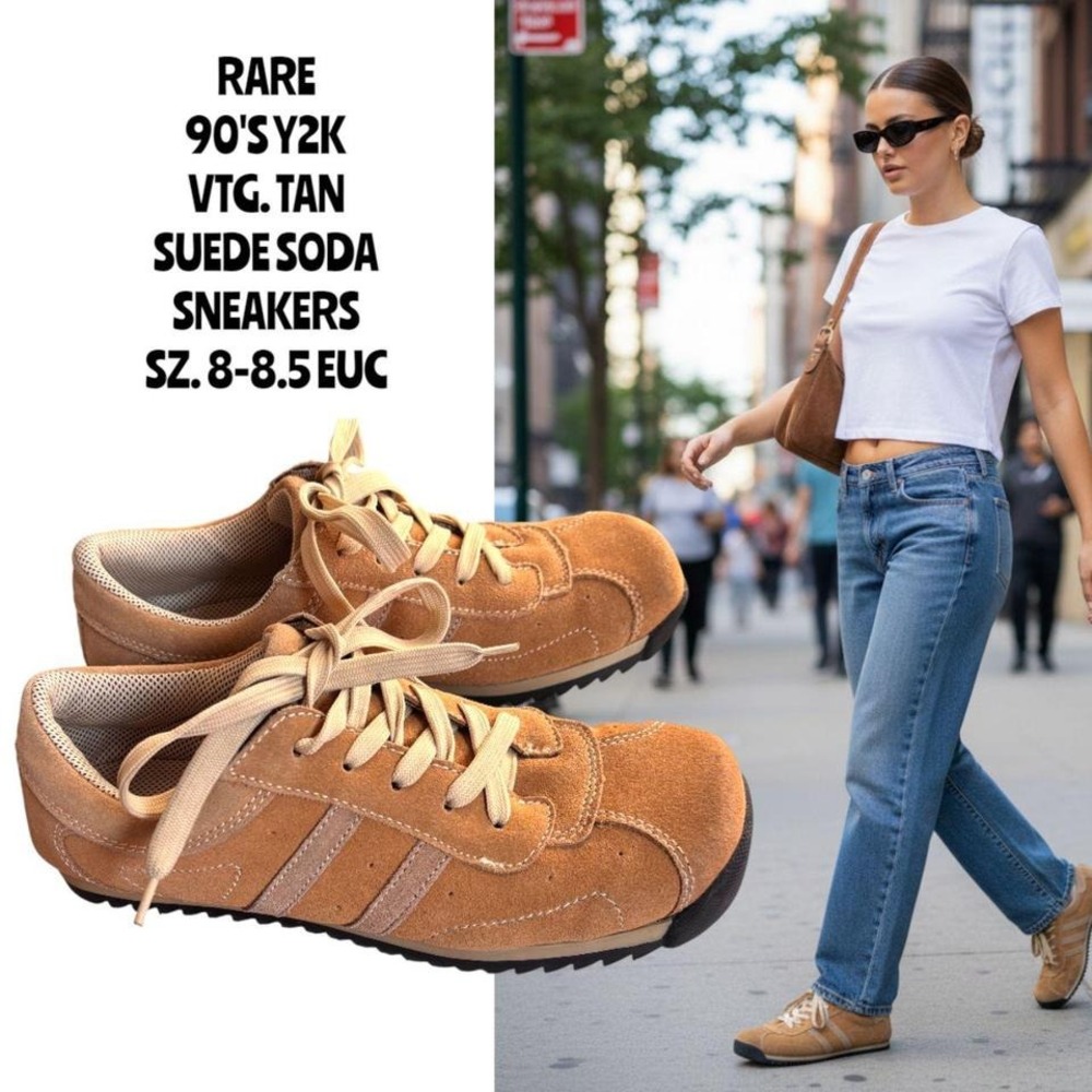 RARE 90'S Y2K VTG. SODA TAN SUEDE STRIPE TRAINERS SNEAKERS SIZE 8-8.5‎ LIKE NEW